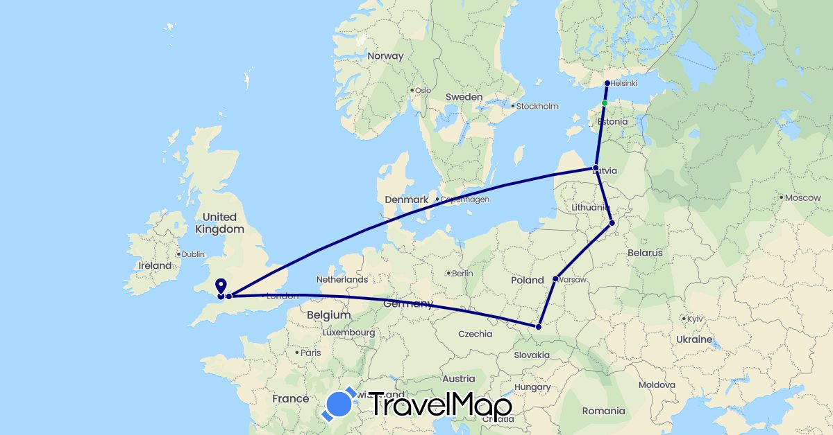 TravelMap itinerary: driving, bus in Estonia, Finland, United Kingdom, Lithuania, Latvia, Poland (Europe)